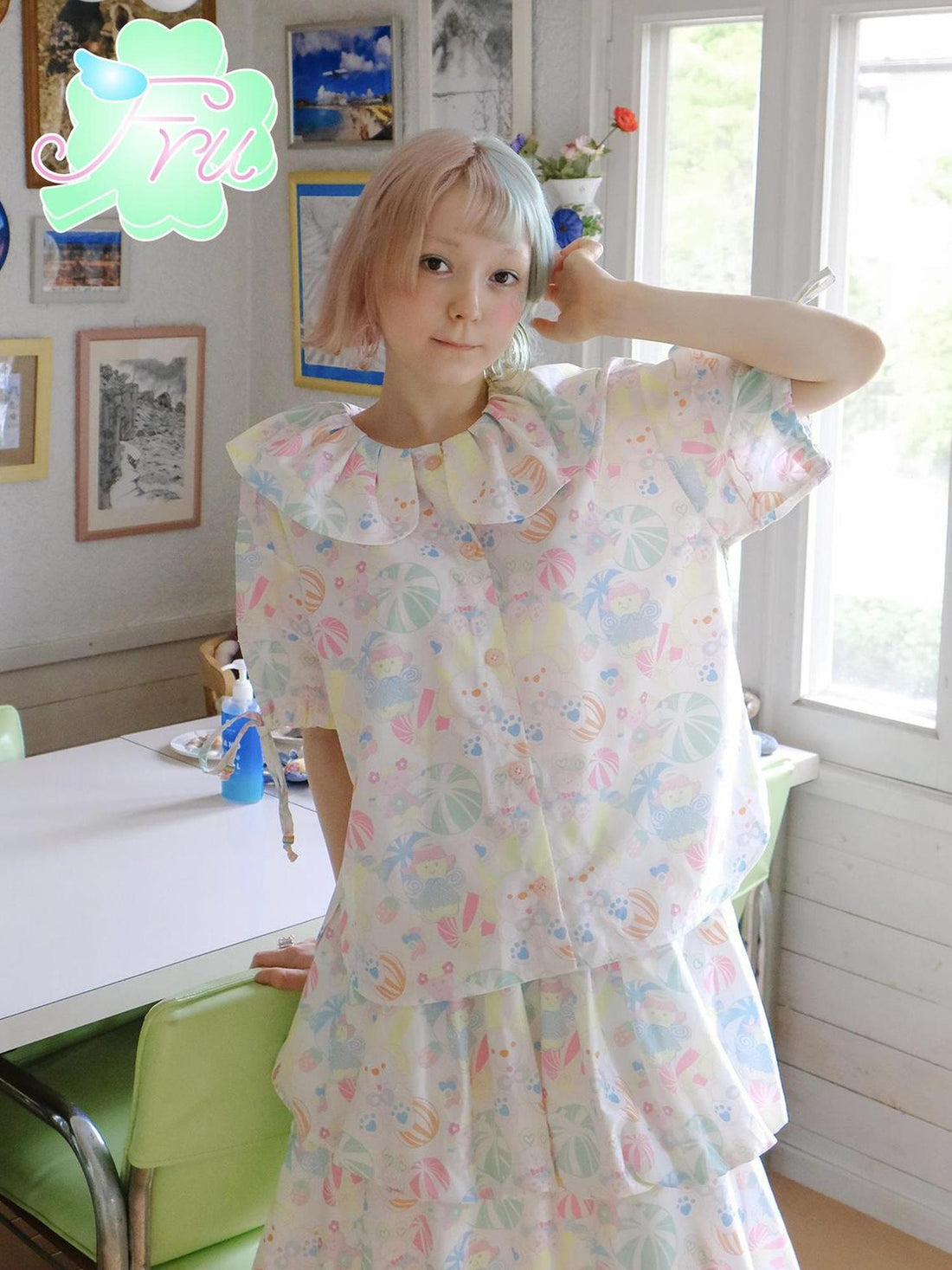 Frufru Gulu Summer Candy Print Cute Peter Pan Collar Girls Blouse
