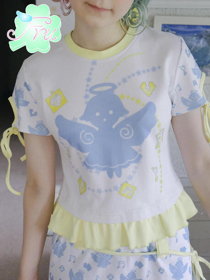 Frufru Gulu Summer Cotton Angel Print Loose T Shirt For Girls