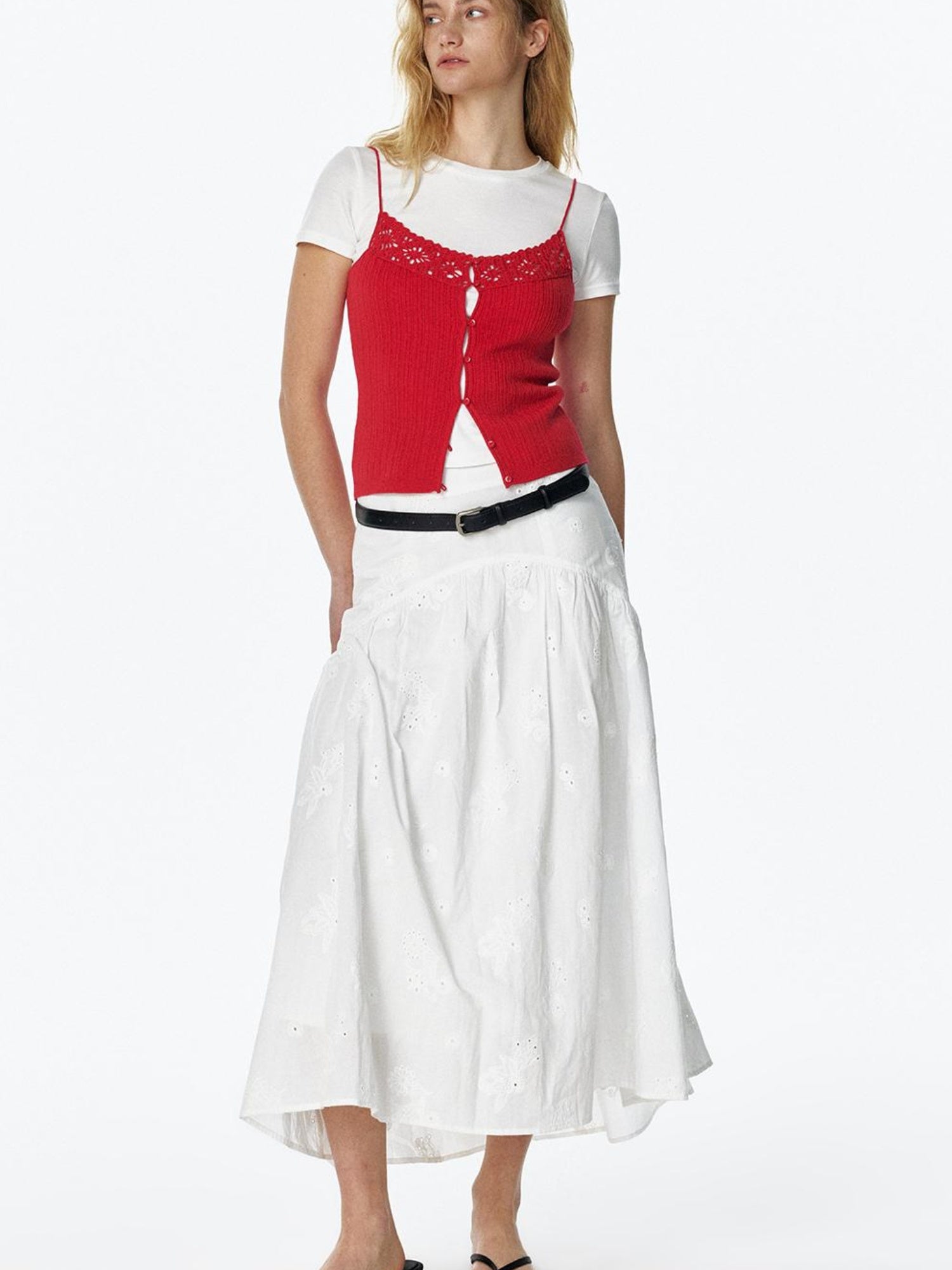 STRIKE A POSE Summer Date Flowy Midi Skirt French Waist Cotton Skirts