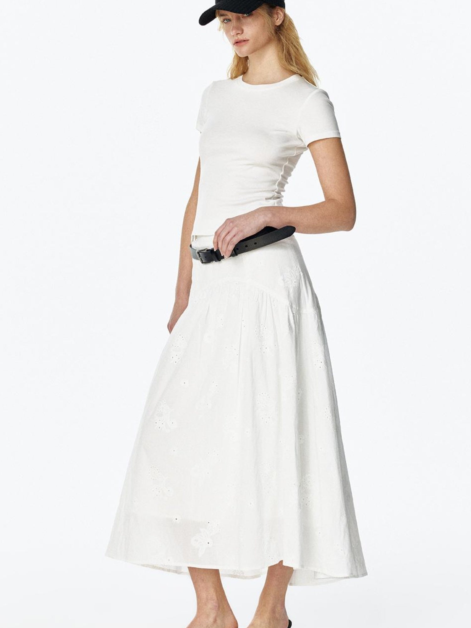STRIKE A POSE Summer Date Flowy Midi Skirt French Waist Cotton Skirts