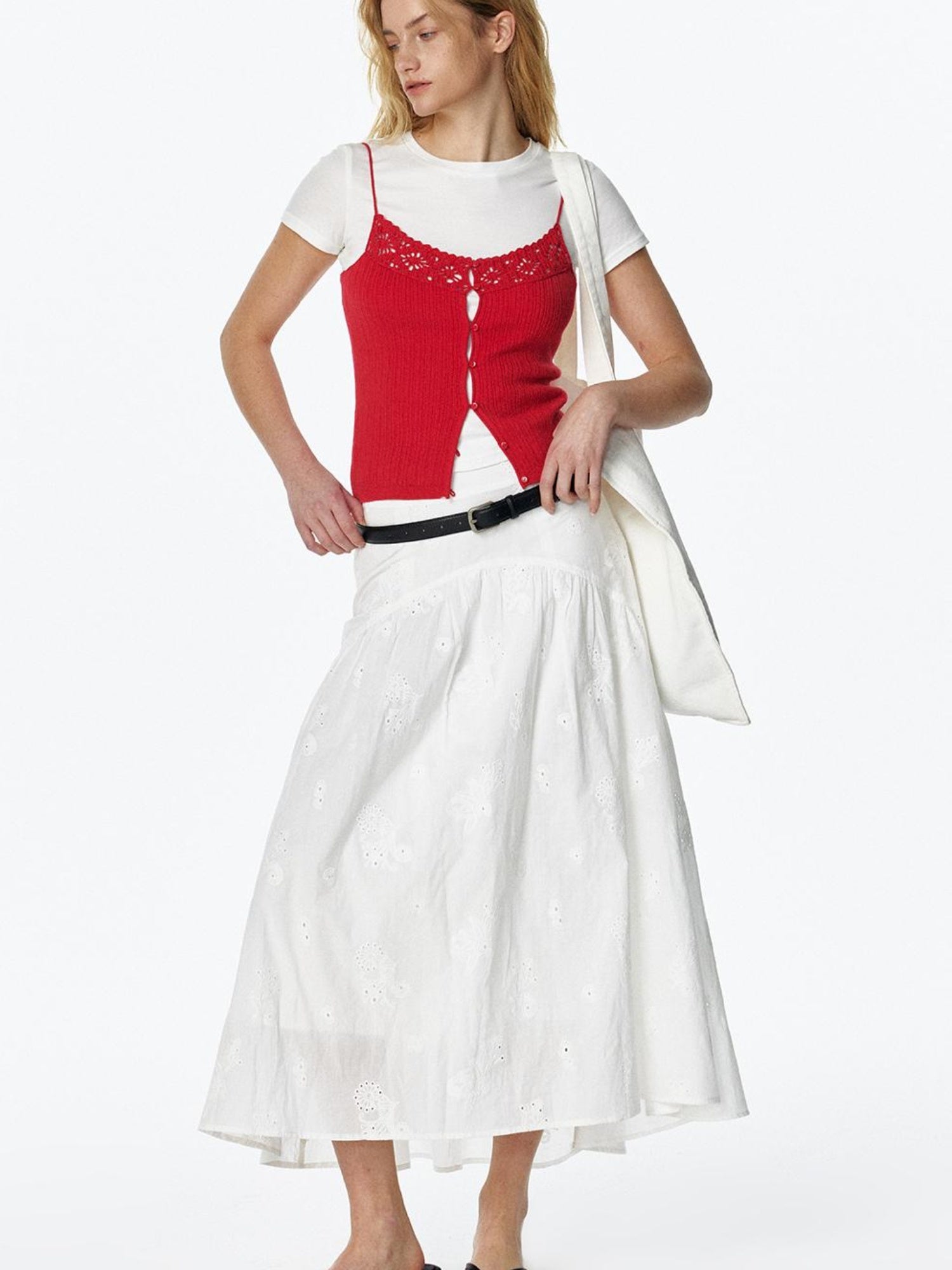 STRIKE A POSE Summer Date Flowy Midi Skirt French Waist Cotton Skirts