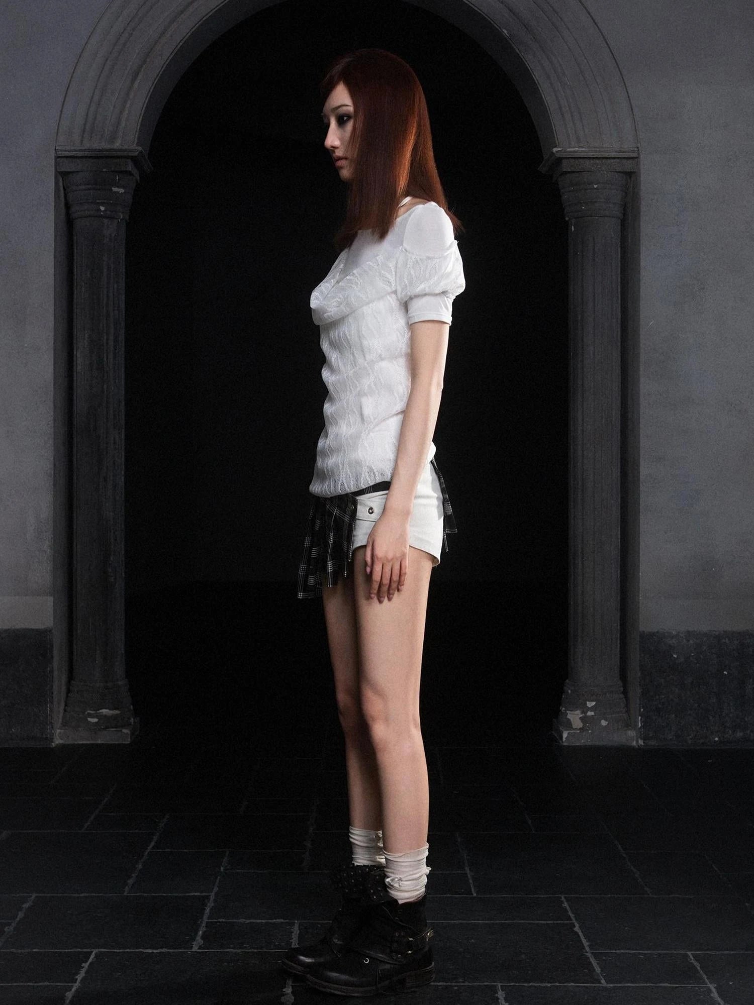 Summer Lace Trim Peplum Tee With Puff Sleeves