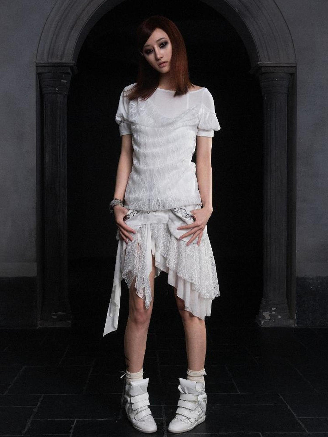 ARIADNAw Summer Lace Trim Peplum Tee With Puff Sleeves