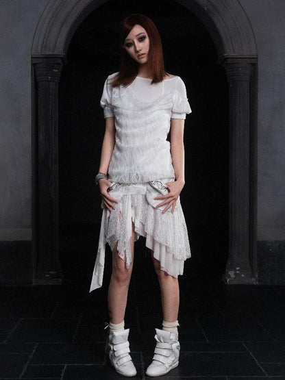 ARIADNAw Summer Lace Trim Peplum Tee With Puff Sleeves
