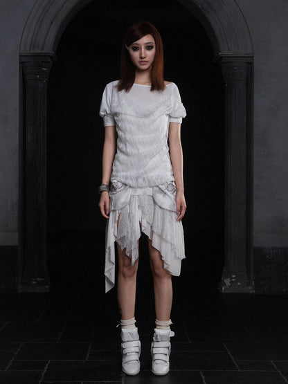 ARIADNAw Summer Lace Trim Peplum Tee With Puff Sleeves