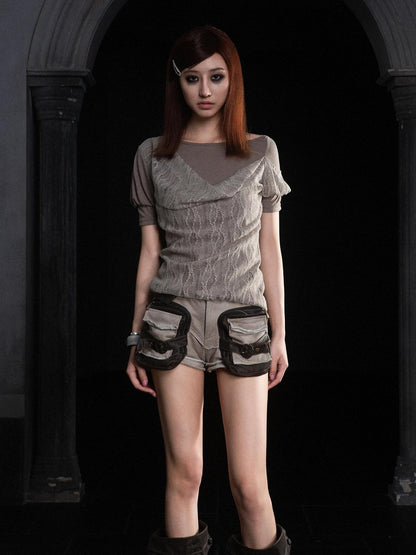 ARIADNAw Summer Lace Trim Peplum Tee With Puff Sleeves