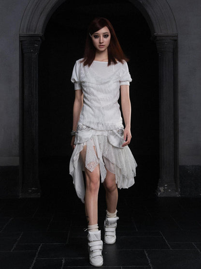 ARIADNAw Summer Lace Trim Peplum Tee With Puff Sleeves