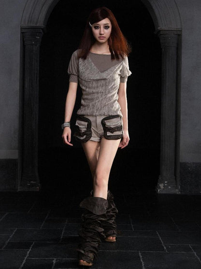 ARIADNAw Summer Lace Trim Peplum Tee With Puff Sleeves