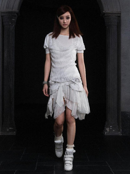 ARIADNAw Summer Lace Trim Peplum Tee With Puff Sleeves