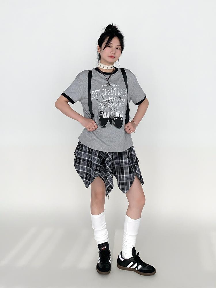 Summer Loose Cherry Print Tee with Color Trim Casual T-shirt