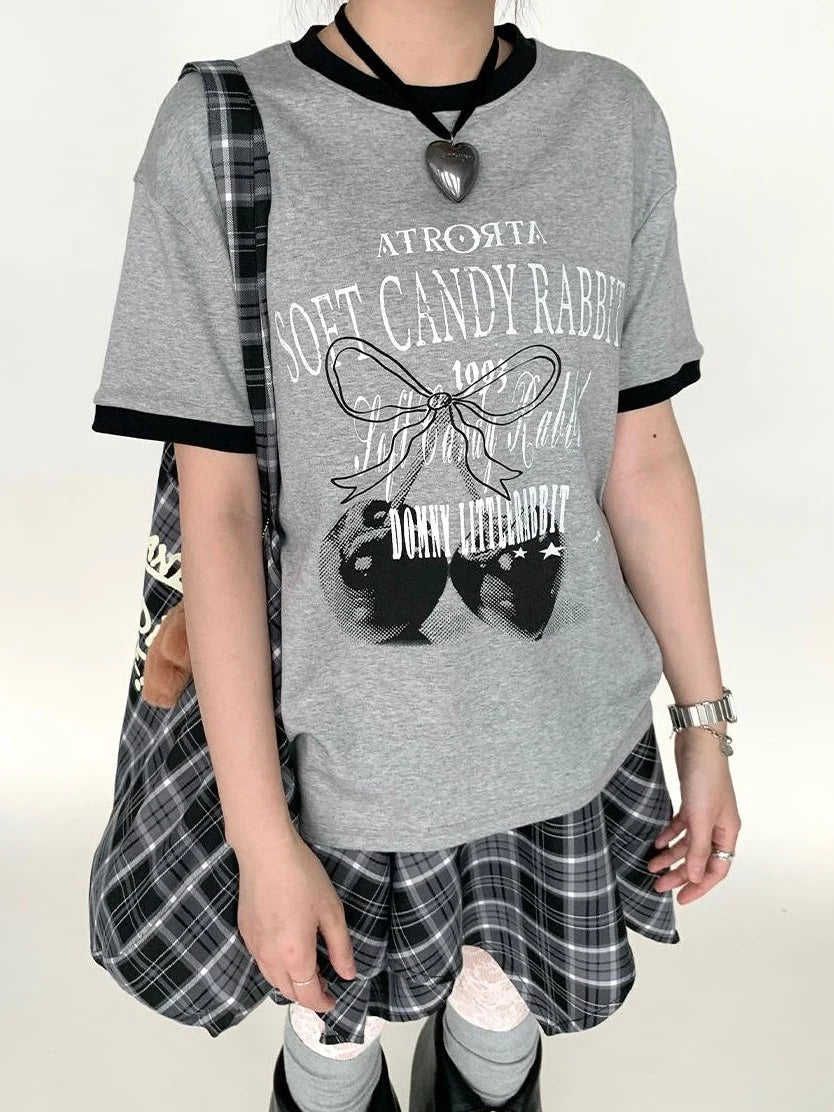 Summer Loose Cherry Print Tee With Color Trim Casual T-Shirt
