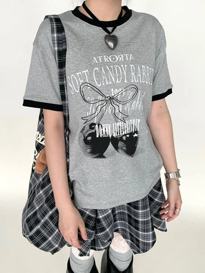 Summer Loose Cherry Print Tee With Color Trim Casual T-Shirt