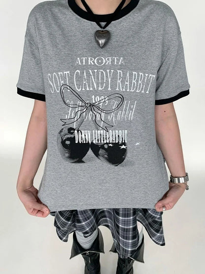 Summer Loose Cherry Print Tee With Color Trim Casual T-Shirt