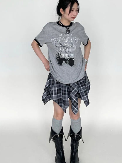 Summer Loose Cherry Print Tee With Color Trim Casual T-Shirt