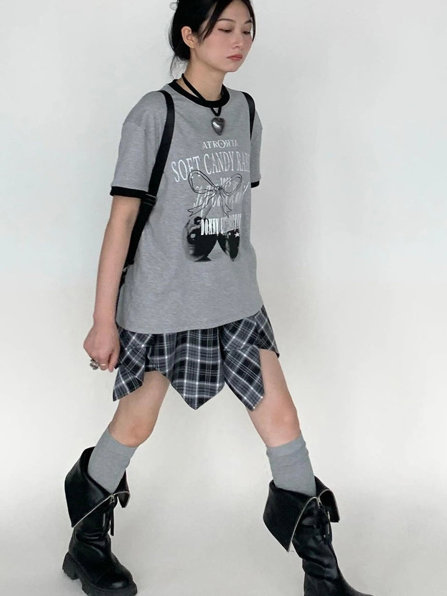 Summer Loose Cherry Print Tee With Color Trim Casual T-Shirt