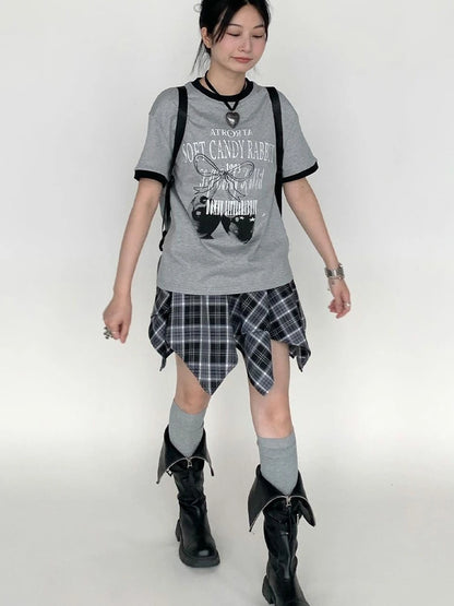 Summer Loose Cherry Print Tee With Color Trim Casual T-Shirt