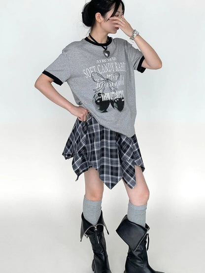 Summer Loose Cherry Print Tee With Color Trim Casual T-Shirt