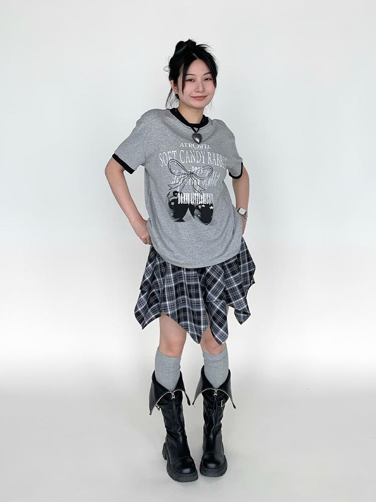 Summer Loose Cherry Print Tee with Color Trim Casual T-shirt