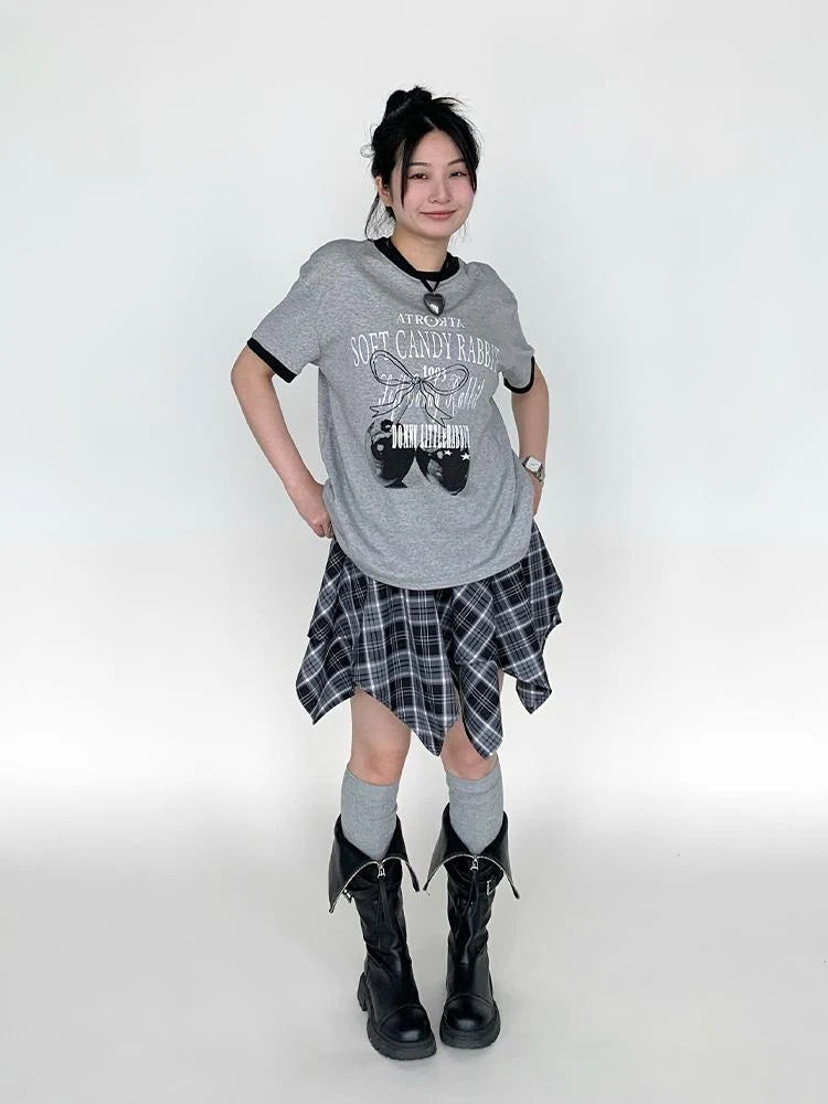Summer Loose Cherry Print Tee With Color Trim Casual T-Shirt
