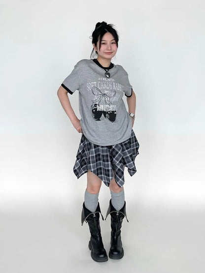 Summer Loose Cherry Print Tee With Color Trim Casual T-Shirt
