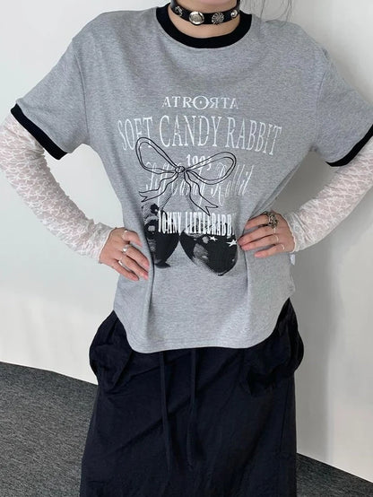 Summer Loose Cherry Print Tee With Color Trim Casual T-Shirt