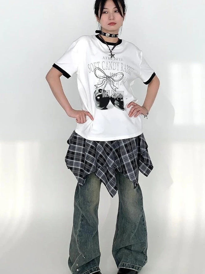 Summer Loose Cherry Print Tee With Color Trim Casual T-Shirt
