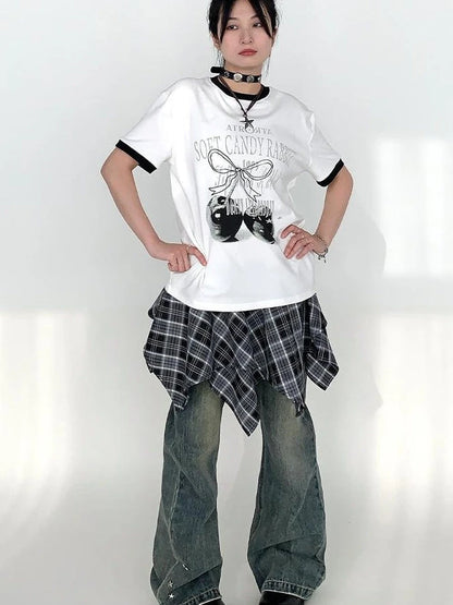 Summer Loose Cherry Print Tee With Color Trim Casual T-Shirt
