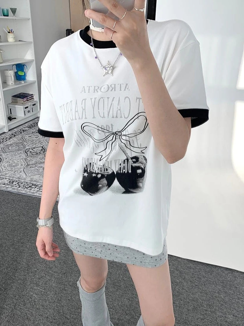 Summer Loose Cherry Print Tee With Color Trim Casual T-Shirt