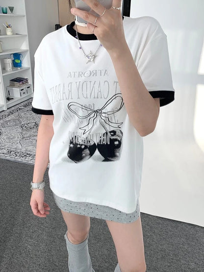 Summer Loose Cherry Print Tee With Color Trim Casual T-Shirt
