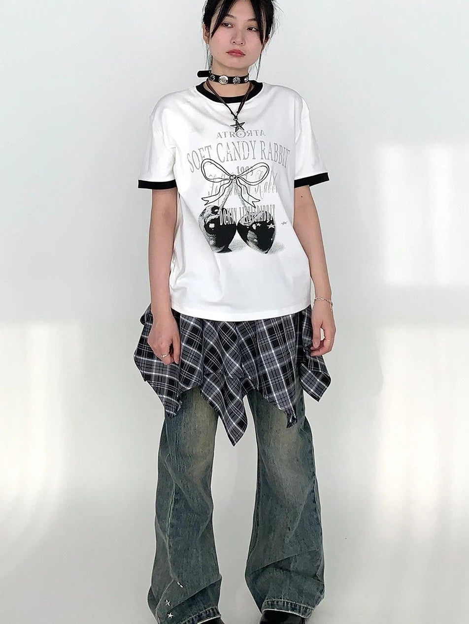Summer Loose Cherry Print Tee With Color Trim Casual T-Shirt