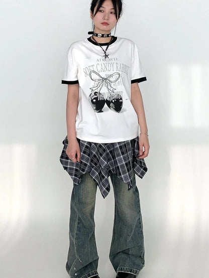 Summer Loose Cherry Print Tee With Color Trim Casual T-Shirt