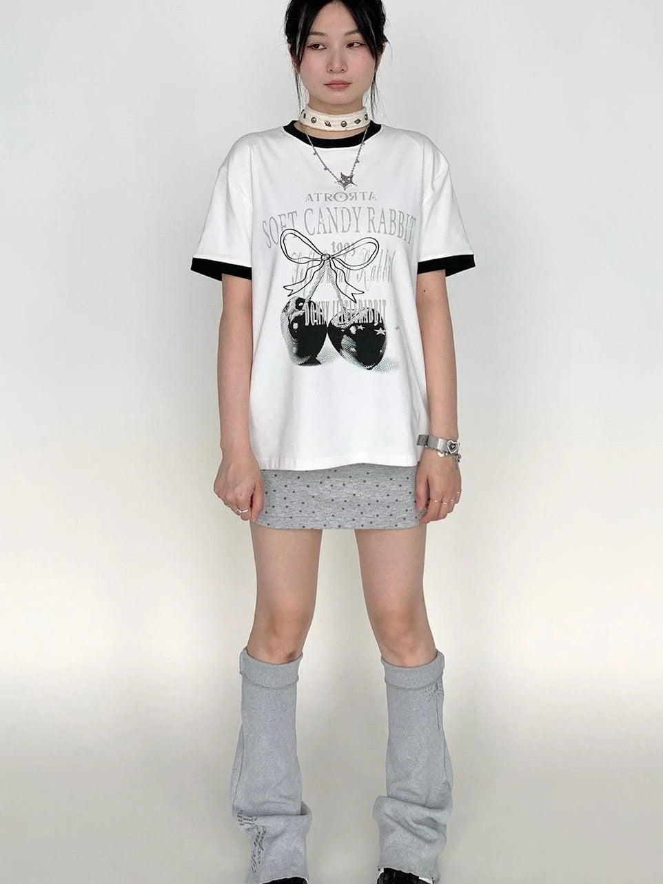 Summer Loose Cherry Print Tee With Color Trim Casual T-Shirt