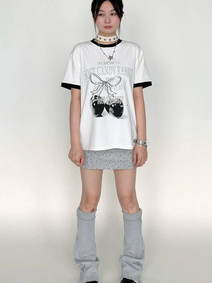 Summer Loose Cherry Print Tee With Color Trim Casual T-Shirt