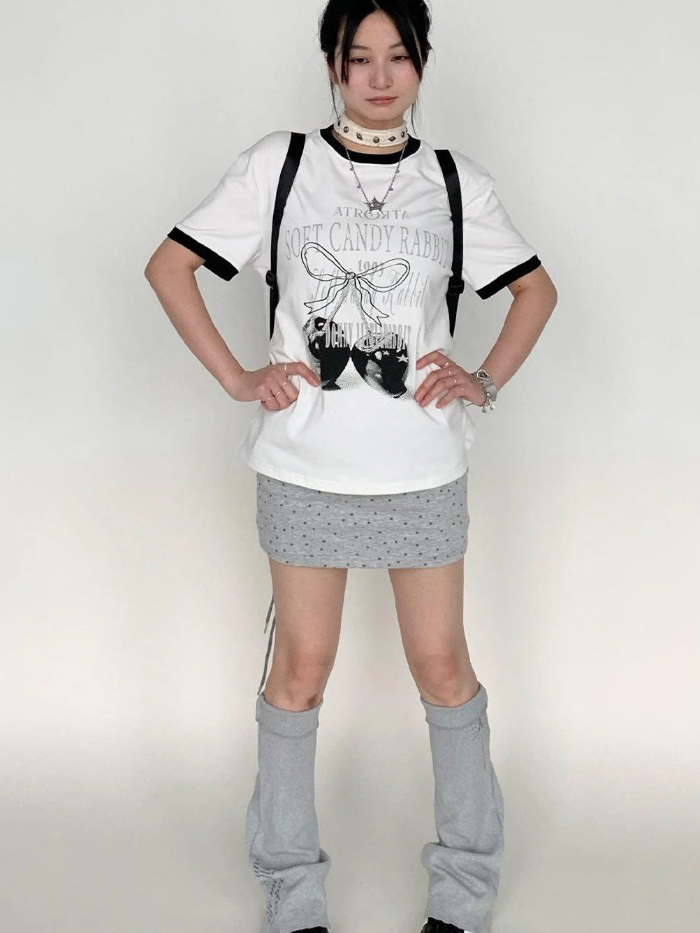 Summer Loose Cherry Print Tee With Color Trim Casual T-Shirt