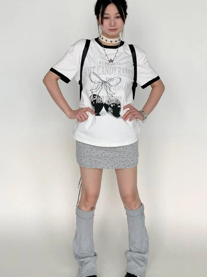 Summer Loose Cherry Print Tee With Color Trim Casual T-Shirt