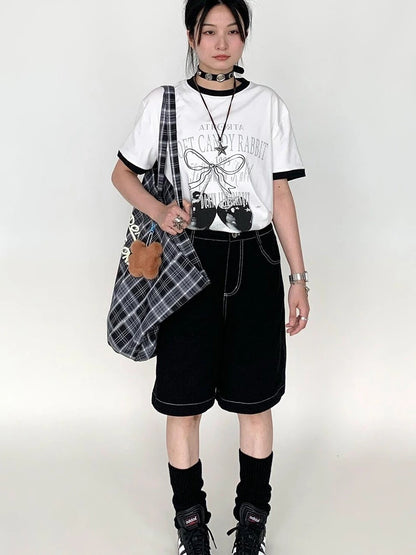 Summer Loose Cherry Print Tee With Color Trim Casual T-Shirt