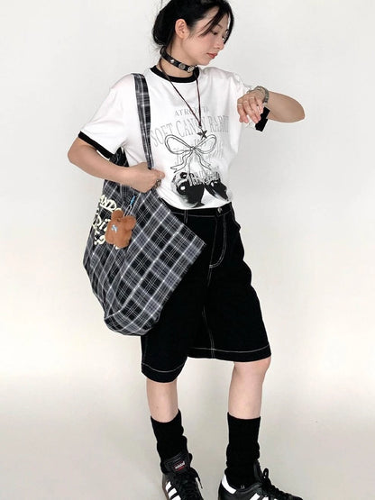 Summer Loose Cherry Print Tee With Color Trim Casual T-Shirt