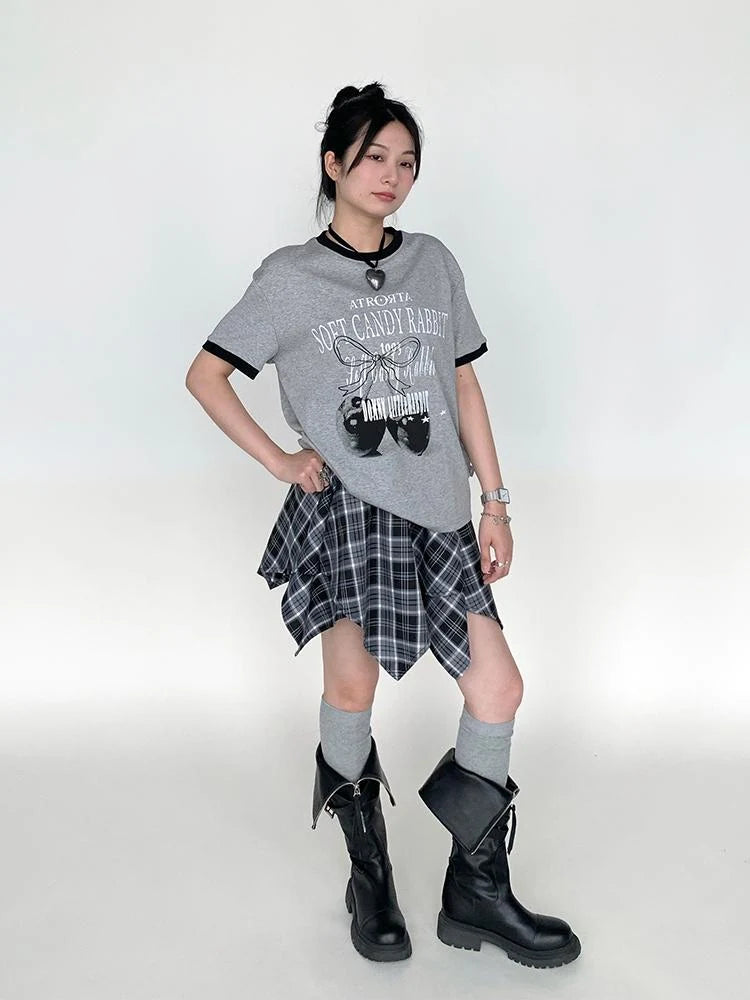 Summer Loose Cherry Print Tee With Color Trim Casual T-Shirt