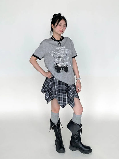 Summer Loose Cherry Print Tee With Color Trim Casual T-Shirt