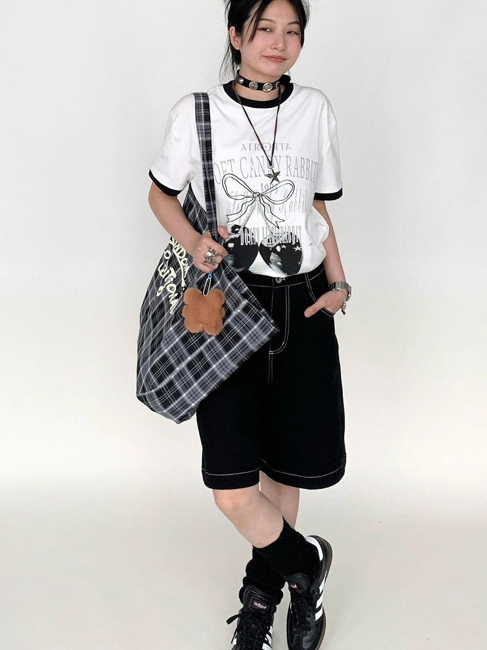 Summer Loose Cherry Print Tee With Color Trim Casual T-Shirt