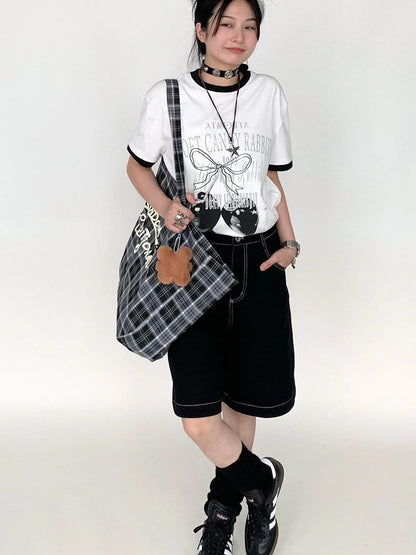 Summer Loose Cherry Print Tee With Color Trim Casual T-Shirt
