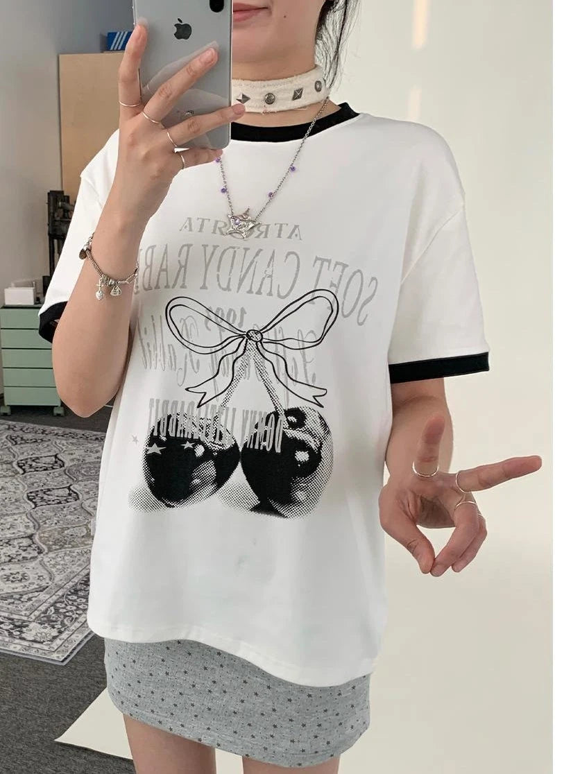 Summer Loose Cherry Print Tee With Color Trim Casual T-Shirt