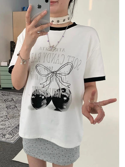 Summer Loose Cherry Print Tee With Color Trim Casual T-Shirt