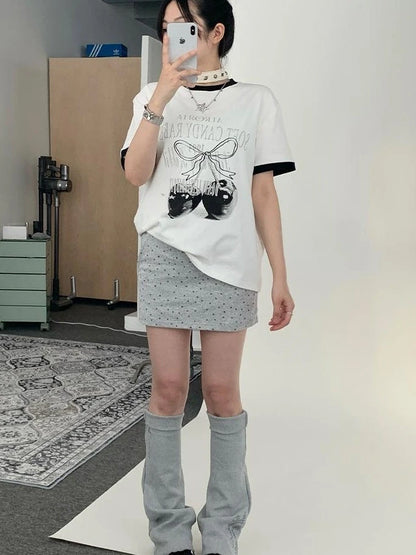 Summer Loose Cherry Print Tee With Color Trim Casual T-Shirt