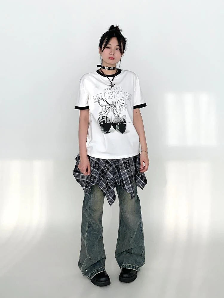 Summer Loose Cherry Print Tee With Color Trim Casual T-Shirt