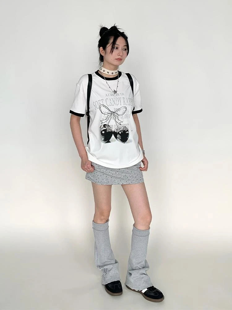 Summer Loose Cherry Print Tee With Color Trim Casual T-Shirt