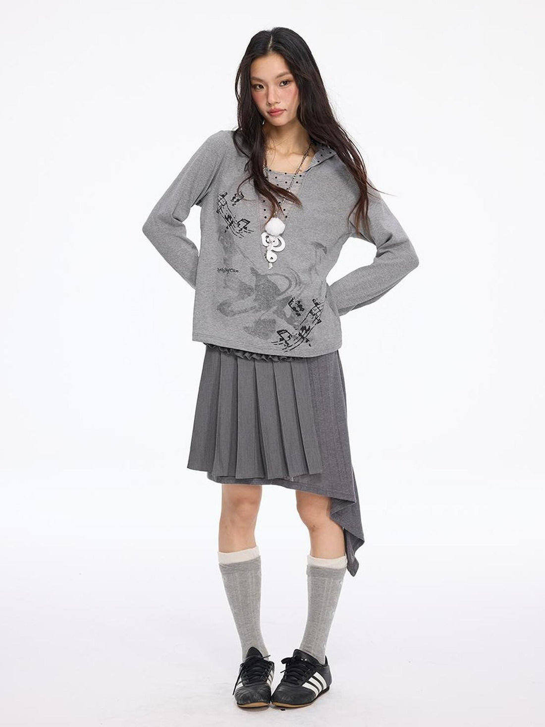 MOMSYCAN FOX LINE Summer Loose Hooded Tee With Dot Print False Layering