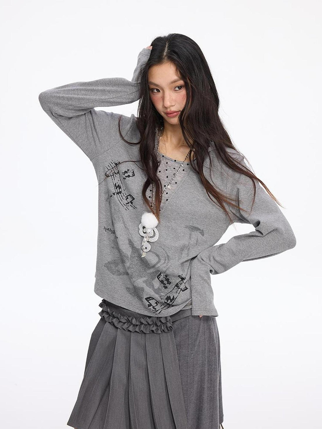 MOMSYCAN FOX LINE Summer Loose Hooded Tee With Dot Print False Layering