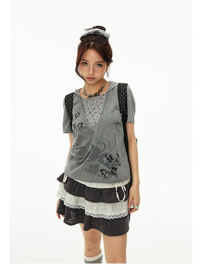 MOMSYCAN FOX LINE Summer Loose Hooded Tee With Dot Print False Layering