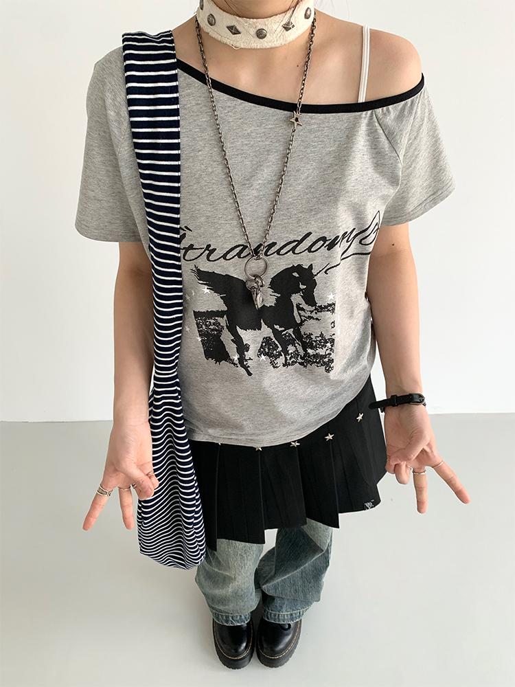 atrandom Summer Sleeveless Off Shoulder Color Block T-Shirt